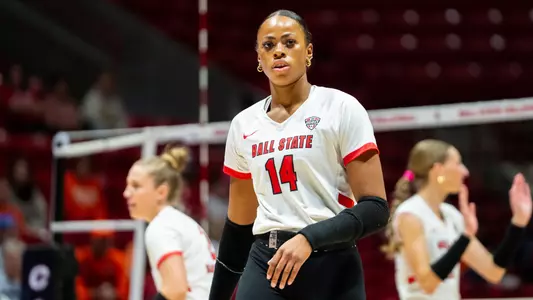Ava Smith looking at the bench in Ball State's match versus Bowling Green on Oct. 30, 2026 in Worthen Arena.