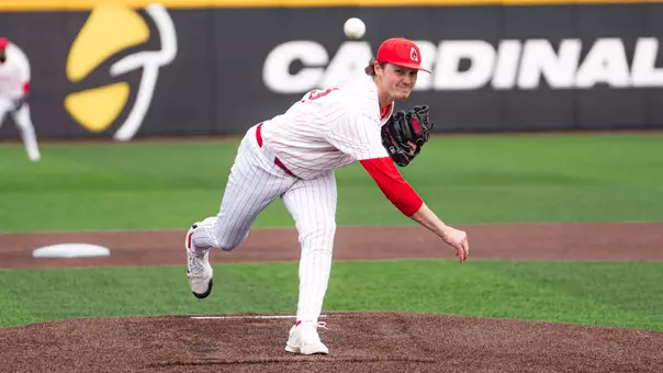 Joe Lafkas pitching in a white Ball State uniform on March 18 against Butler at Shebek Stadium