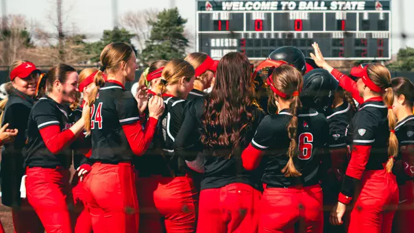 Ball State softball team celebrates a home run att he Ball State Softball Stadium