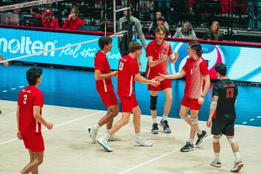 Wil Baslilio, Patrick Rogers, Ryan Louis, Griffin Satterfield, Victor Scherer and Jacob Surette celebrate in between points during the team's win versus Northern Kentucky in the MIVA Quarterfinal on 4/18/2026.