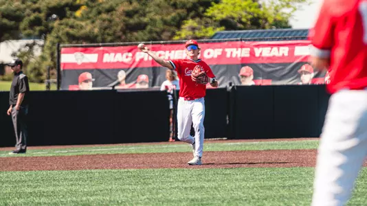 Ryan Muizelaar in a red jersey, red hat and white pants throwing a ball in the Ball State baseball game on Tuesday afternoon against Indiana at Shebek Stadium