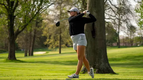 Senior Sabrina Langerak teeing off in the second round of the 2026 MAC Women's Golf Championships at Firestone Country Club.