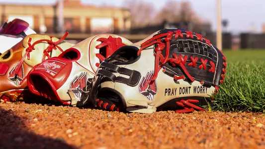 Softball gloves lined up on the field at Louisville