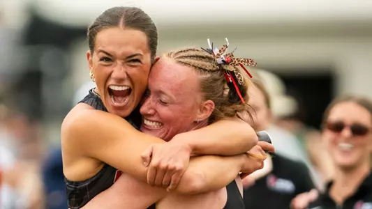 Kendra Keesling embraces Kenli Nettles following the 800m in the Heptathlon