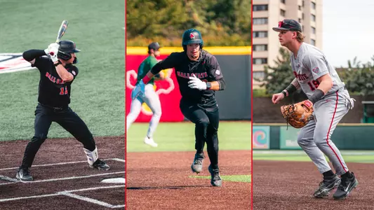 Three photos of Ball State baseball players including Brayden Huebner in a black uniform hitting, Brett Griffiths in a black uniform running, and Jacob Gillis in a grey uniform fielding