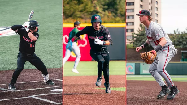 Three photos of Ball State baseball players including Brayden Huebner in a black uniform hitting, Brett Griffiths in a black uniform running, and Jacob Gillis in a grey uniform fielding