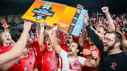 Ball State men's volleyball celebrating its NCAA Regional Final victory over Pepperdine at Riverview Health Arena in Noblesville, Ind.