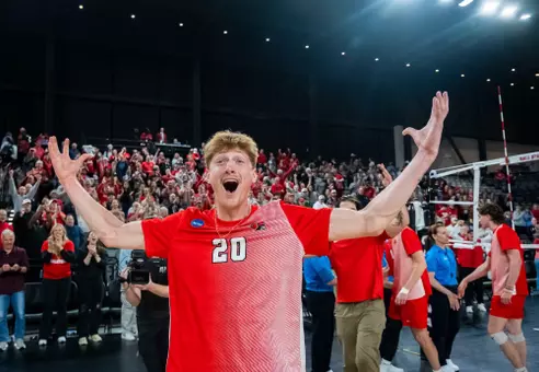 Patrick Rogers celebrates on court after win versus Pepperdine 5/2/2026