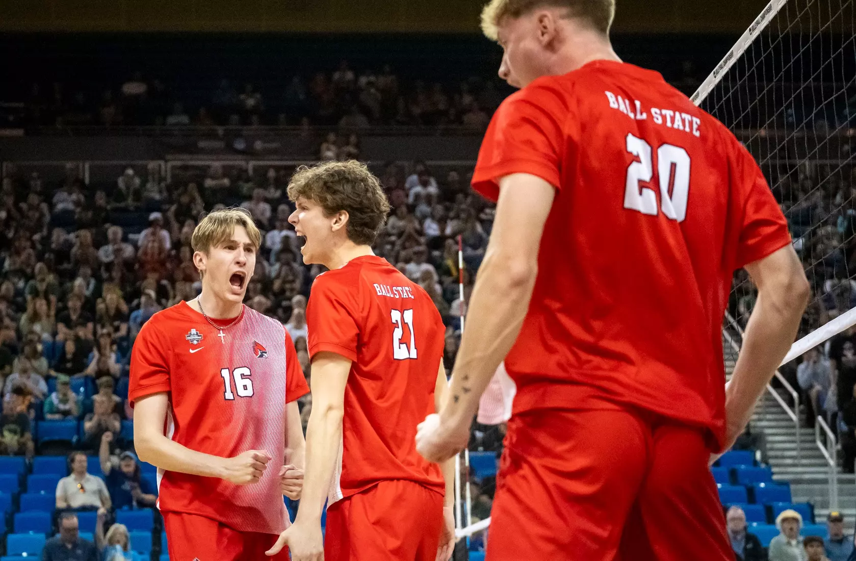 The Ball State men's volleyball team competes against the University of California Irvine in the NCAA Semi-Final at the Pauley Pavilion in Los Angeles, California on May 9, 2026 at Pauley Pavilion. Photo by Bobby Ellis/Ball State University.
