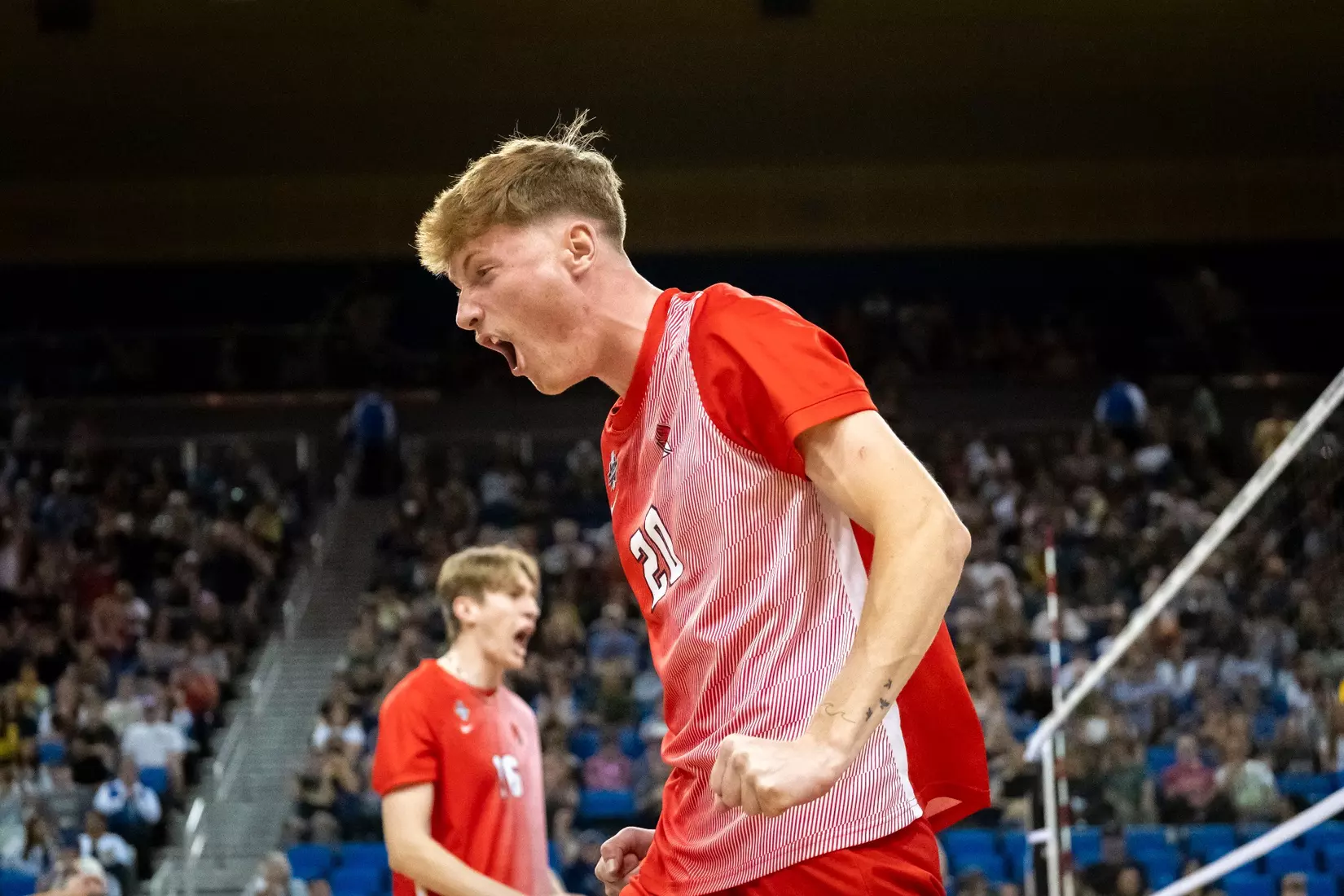 The Ball State men's volleyball team competes against the University of California Irvine in the NCAA Semi-Final at the Pauley Pavilion in Los Angeles, California on May 9, 2026 at Pauley Pavilion. Photo by Bobby Ellis/Ball State University.
