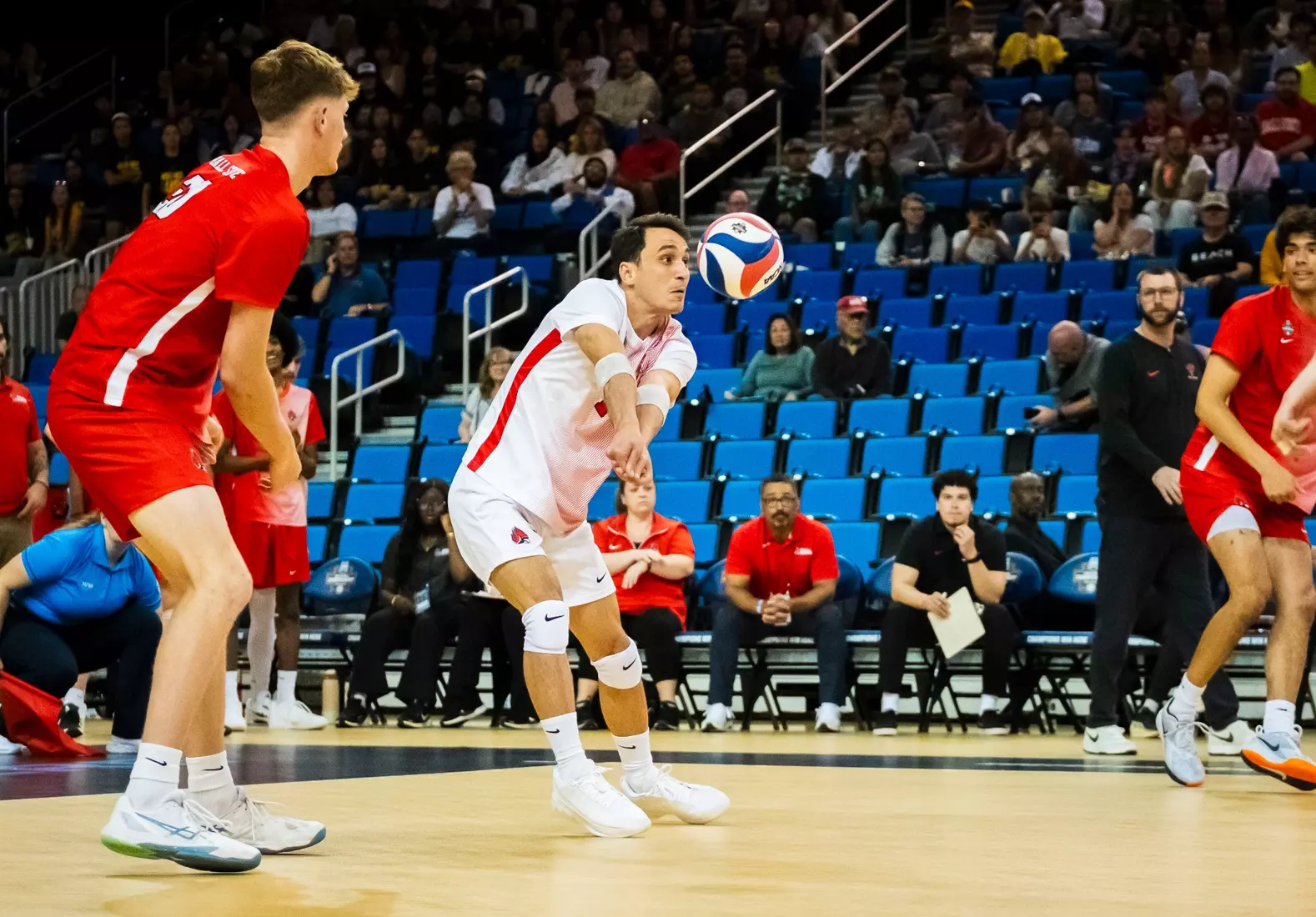 The Ball State men's volleyball team competes against the University of California Irvine in the NCAA Semi-Final at the Pauley Pavilion in Los Angeles, California on May 9, 2026 at Pauley Pavilion. Photo by Bobby Ellis/Ball State University.