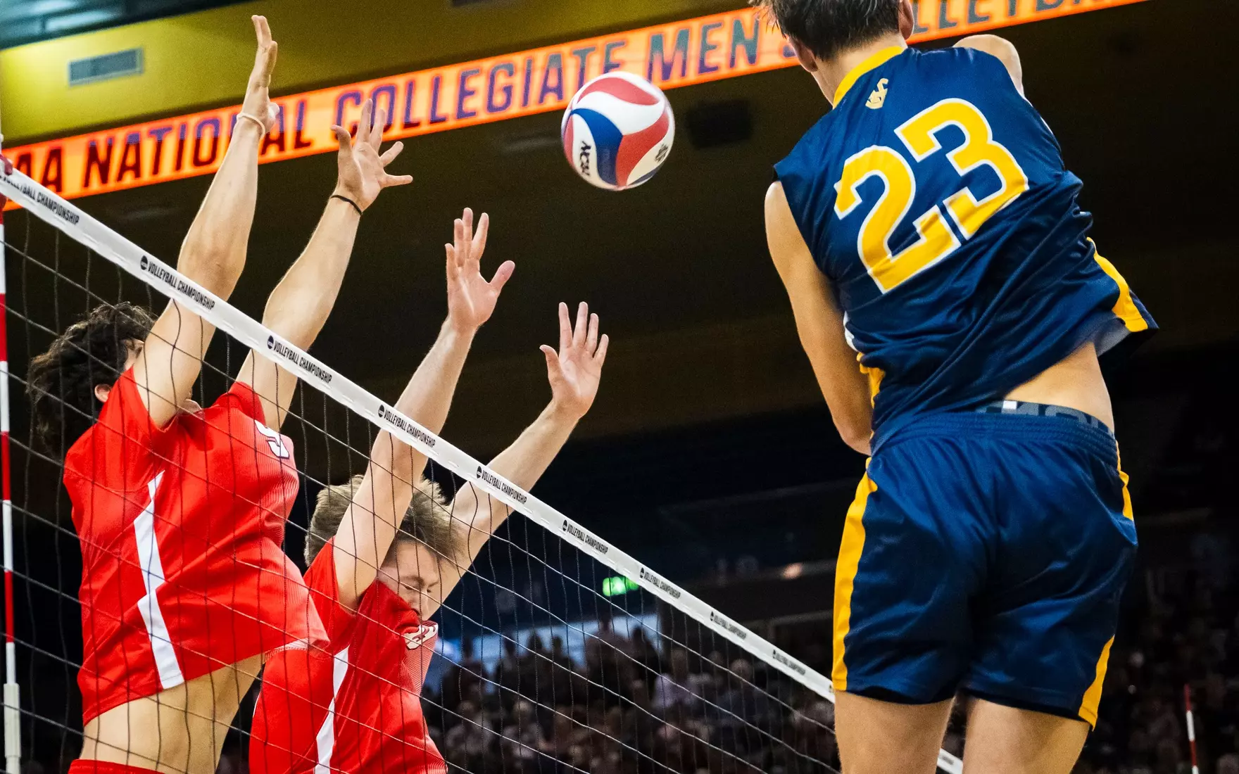 The Ball State men's volleyball team competes against the University of California Irvine in the NCAA Semi-Final at the Pauley Pavilion in Los Angeles, California on May 9, 2026 at Pauley Pavilion. Photo by Bobby Ellis/Ball State University.