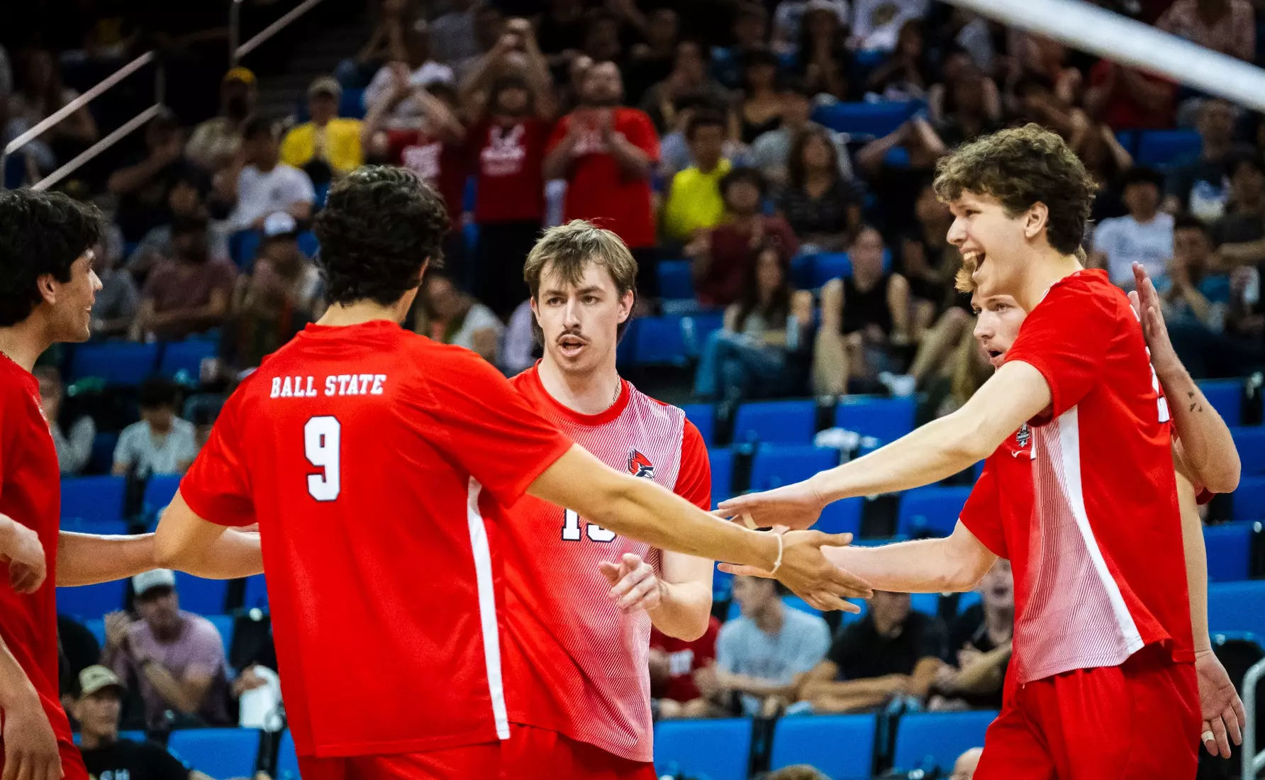 The Ball State men's volleyball team competes against the University of California Irvine in the NCAA Semi-Final at the Pauley Pavilion in Los Angeles, California on May 9, 2026 at Pauley Pavilion. Photo by Bobby Ellis/Ball State University.