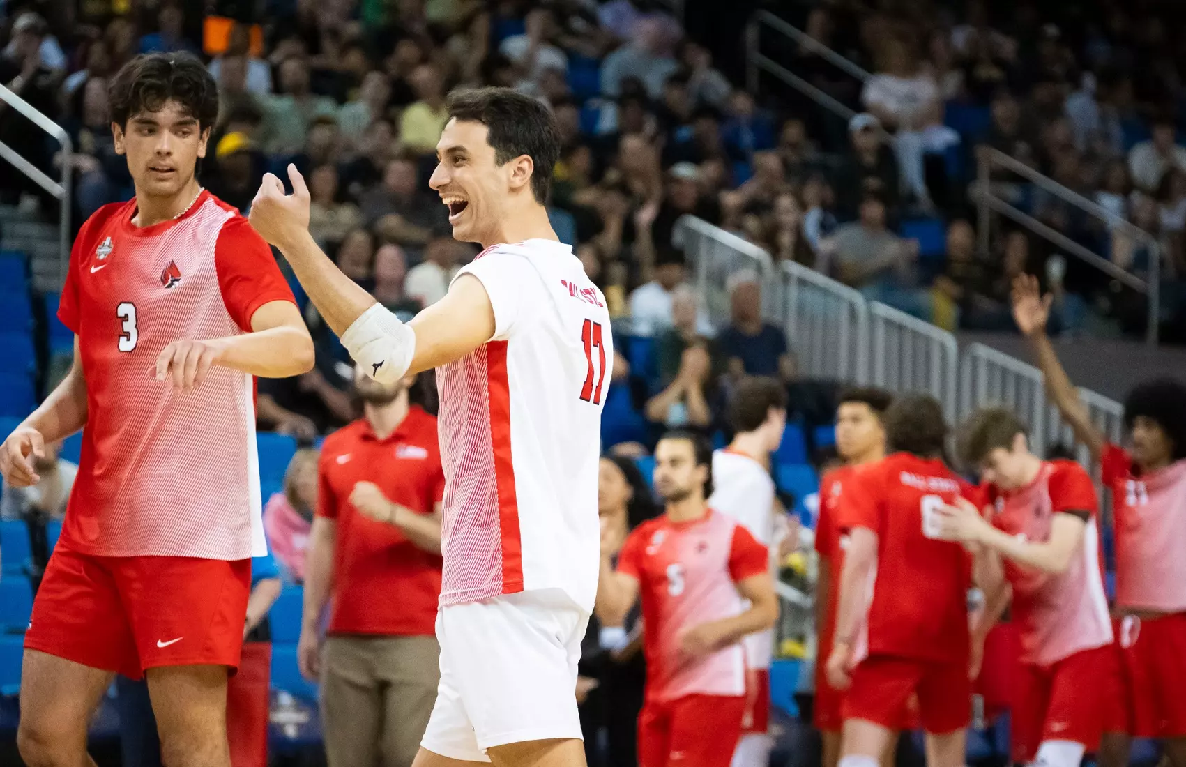 The Ball State men's volleyball team competes against the University of California Irvine in the NCAA Semi-Final at the Pauley Pavilion in Los Angeles, California on May 9, 2026 at Pauley Pavilion. Photo by Bobby Ellis/Ball State University.
