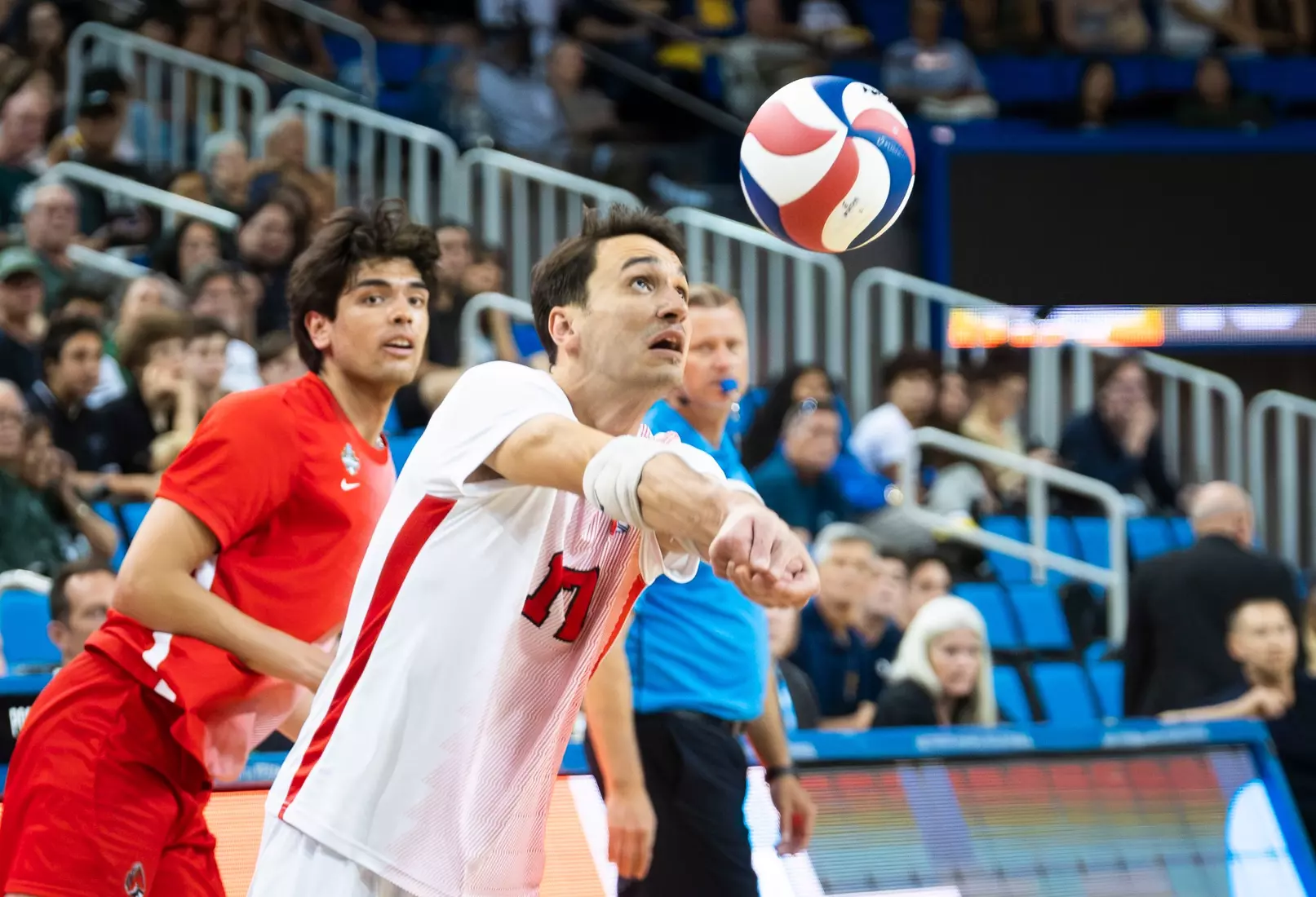 The Ball State men's volleyball team competes against the University of California Irvine in the NCAA Semi-Final at the Pauley Pavilion in Los Angeles, California on May 9, 2026 at Pauley Pavilion. Photo by Bobby Ellis/Ball State University.
