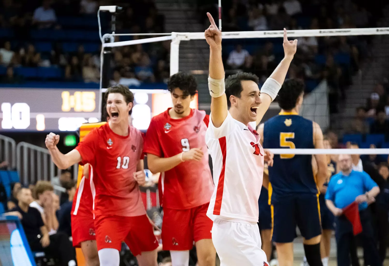 The Ball State men's volleyball team competes against the University of California Irvine in the NCAA Semi-Final at the Pauley Pavilion in Los Angeles, California on May 9, 2026 at Pauley Pavilion. Photo by Bobby Ellis/Ball State University.