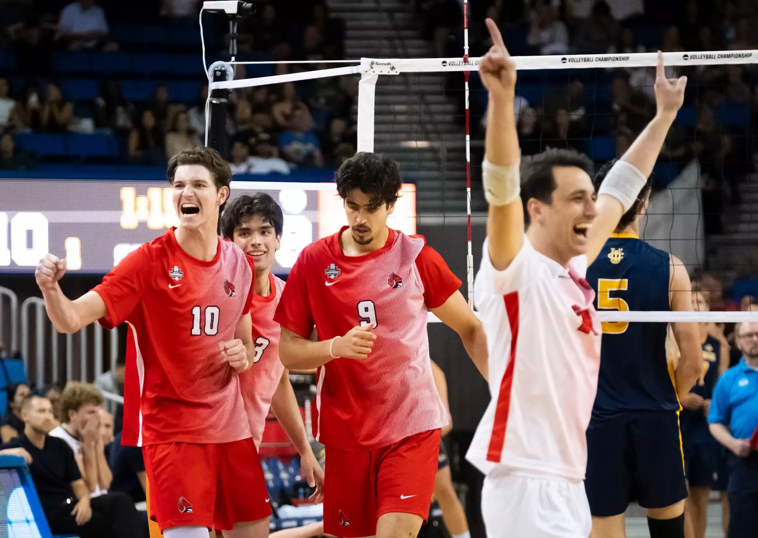 The Ball State men's volleyball team competes against the University of California Irvine in the NCAA Semi-Final at the Pauley Pavilion in Los Angeles, California on May 9, 2026 at Pauley Pavilion. Photo by Bobby Ellis/Ball State University.