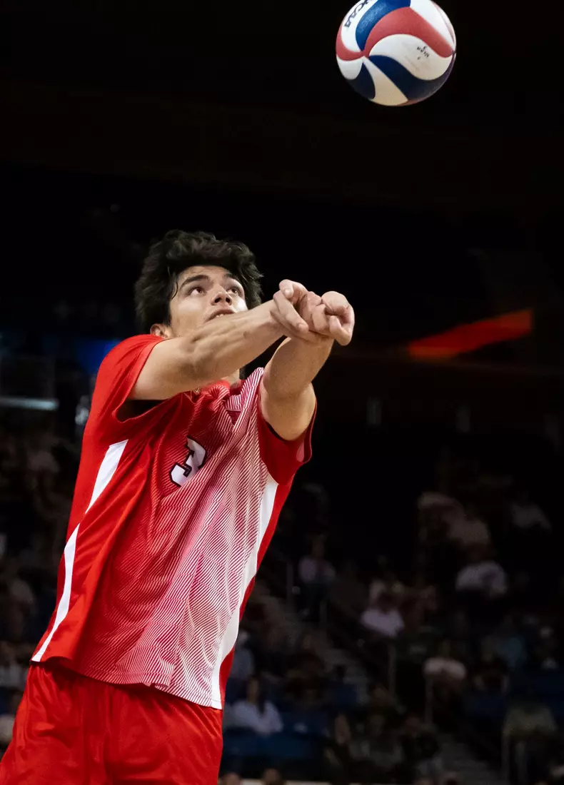 The Ball State men's volleyball team competes against the University of California Irvine in the NCAA Semi-Final at the Pauley Pavilion in Los Angeles, California on May 9, 2026 at Pauley Pavilion. Photo by Bobby Ellis/Ball State University.