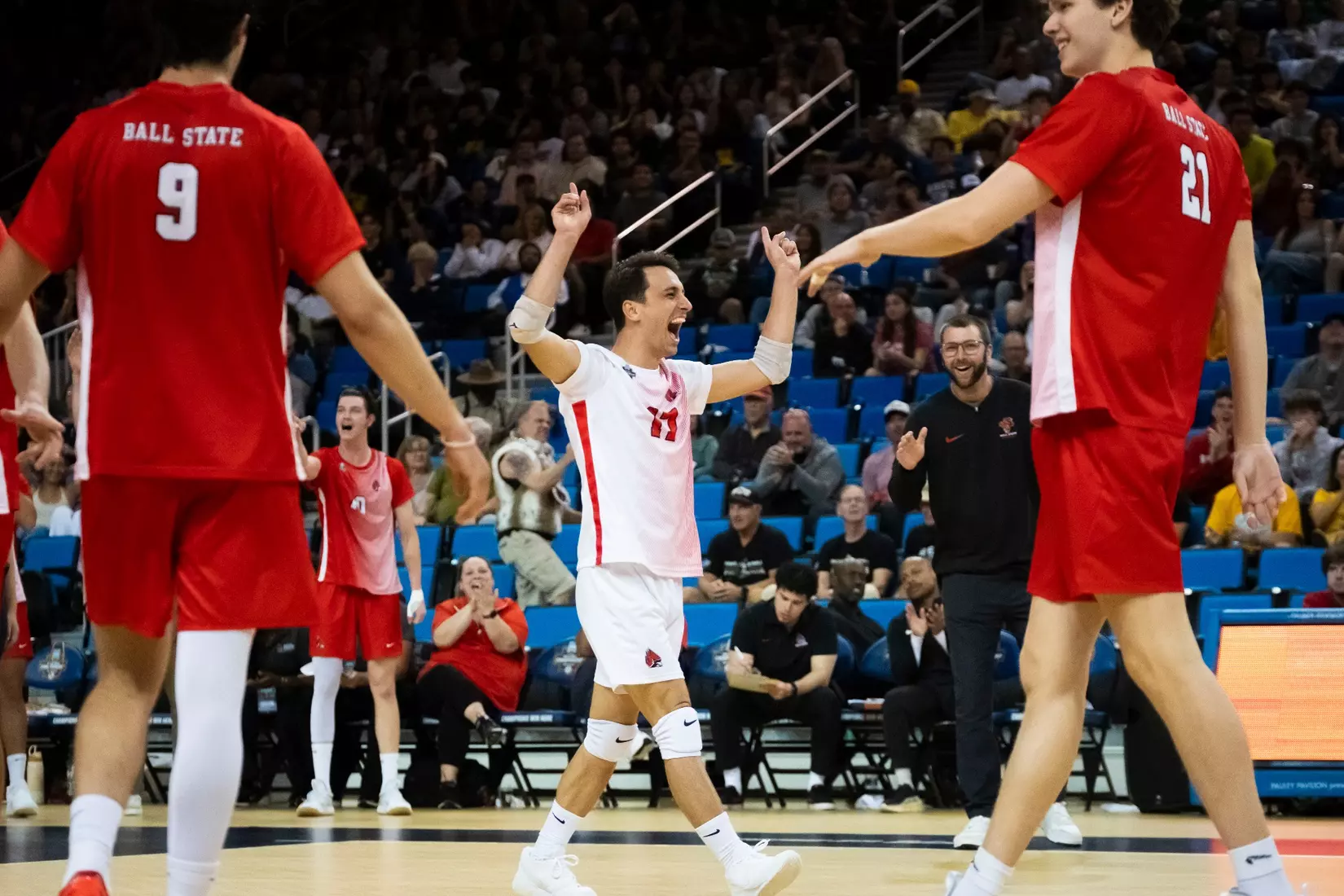 The Ball State men's volleyball team competes against the University of California Irvine in the NCAA Semi-Final at the Pauley Pavilion in Los Angeles, California on May 9, 2026 at Pauley Pavilion. Photo by Bobby Ellis/Ball State University.