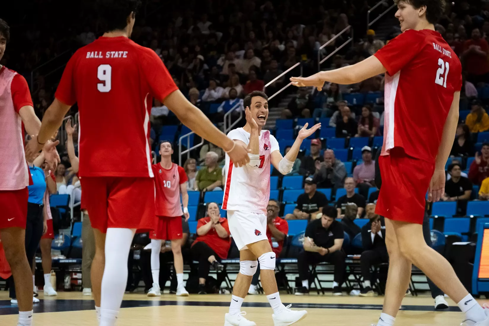 The Ball State men's volleyball team competes against the University of California Irvine in the NCAA Semi-Final at the Pauley Pavilion in Los Angeles, California on May 9, 2026 at Pauley Pavilion. Photo by Bobby Ellis/Ball State University.