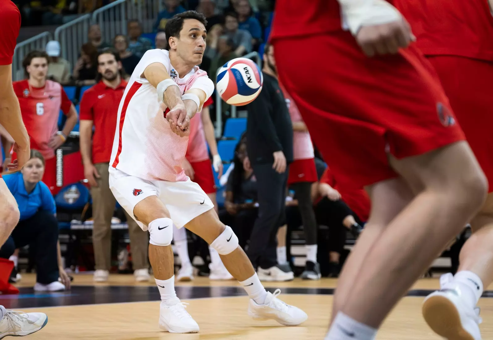 The Ball State men's volleyball team competes against the University of California Irvine in the NCAA Semi-Final at the Pauley Pavilion in Los Angeles, California on May 9, 2026 at Pauley Pavilion. Photo by Bobby Ellis/Ball State University.