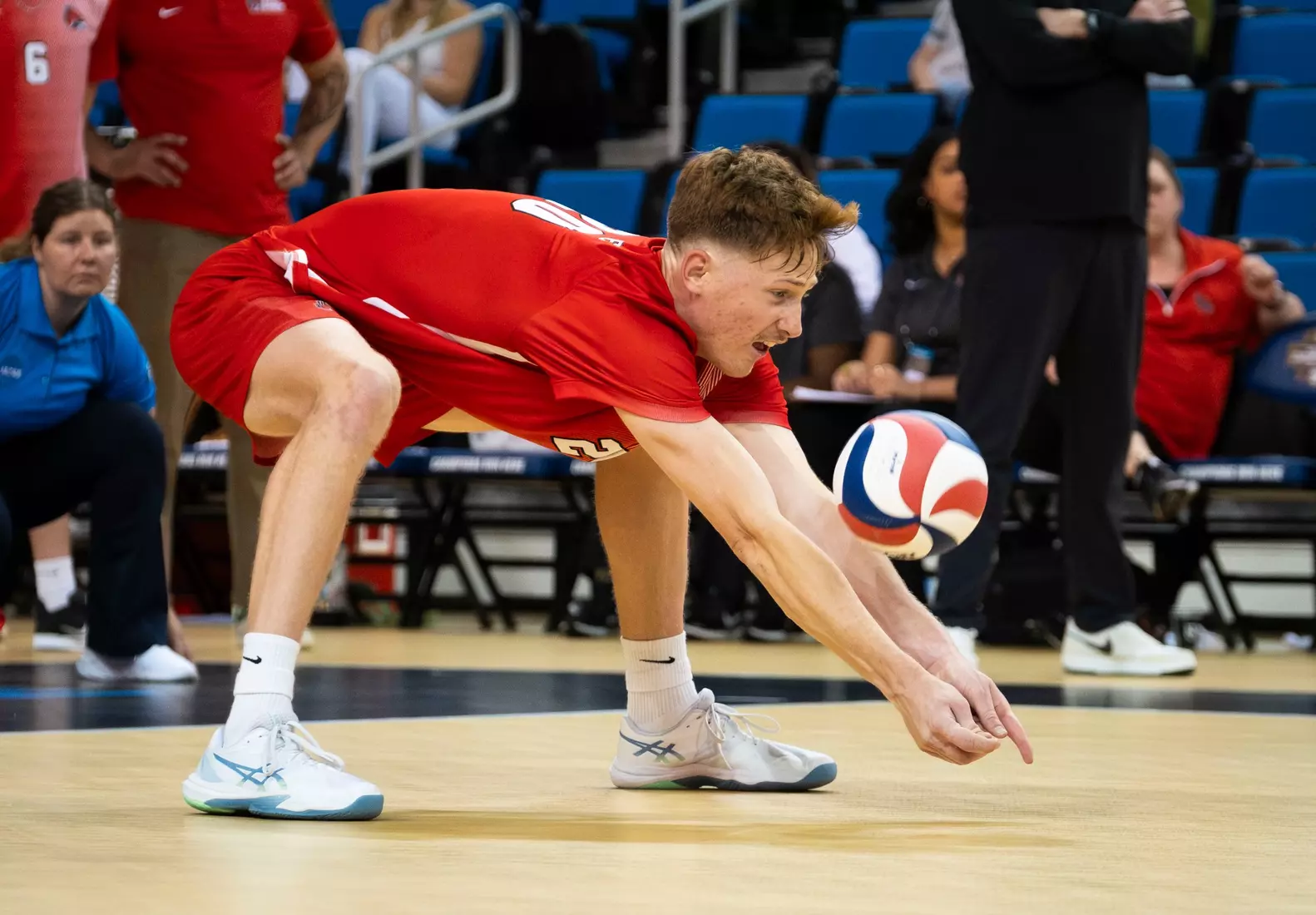 The Ball State men's volleyball team competes against the University of California Irvine in the NCAA Semi-Final at the Pauley Pavilion in Los Angeles, California on May 9, 2026 at Pauley Pavilion. Photo by Bobby Ellis/Ball State University.
