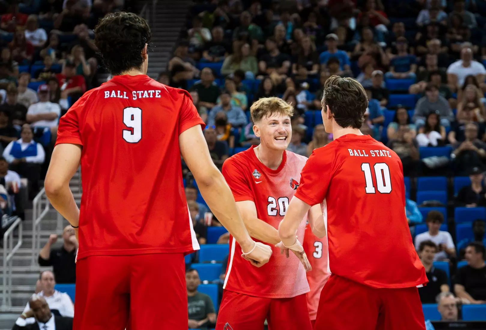 The Ball State men's volleyball team competes against the University of California Irvine in the NCAA Semi-Final at the Pauley Pavilion in Los Angeles, California on May 9, 2026 at Pauley Pavilion. Photo by Bobby Ellis/Ball State University.