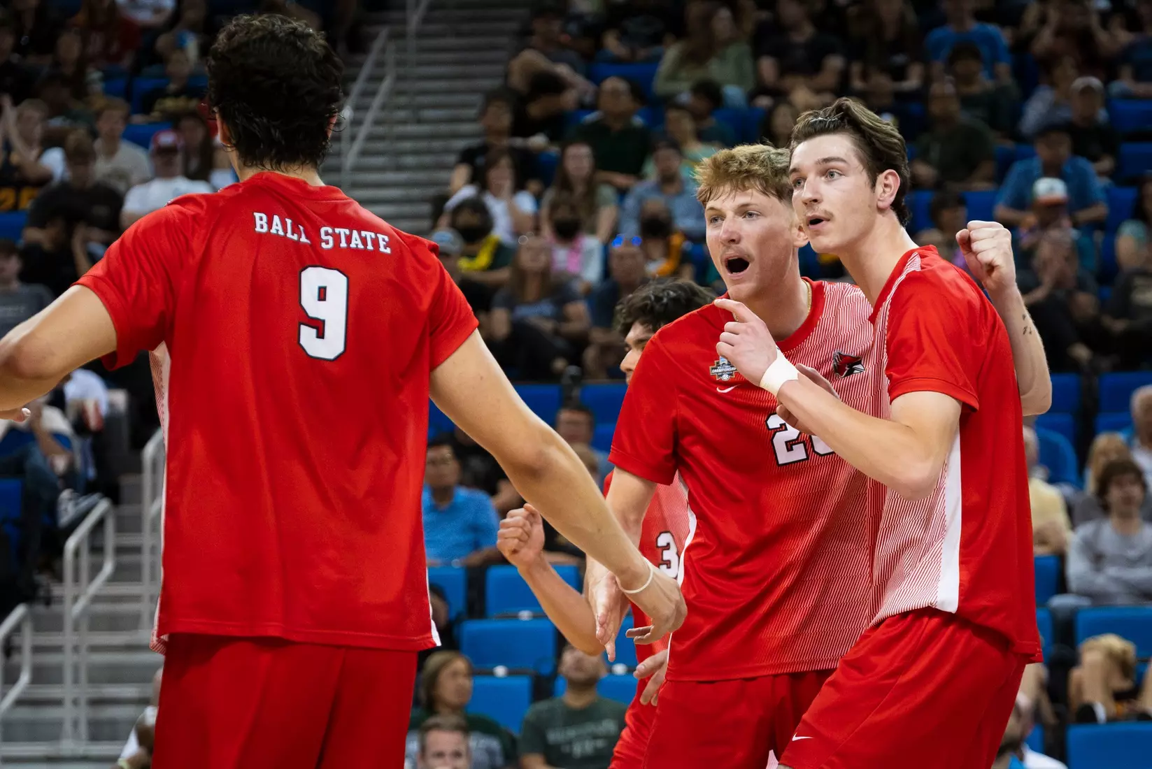 The Ball State men's volleyball team competes against the University of California Irvine in the NCAA Semi-Final at the Pauley Pavilion in Los Angeles, California on May 9, 2026 at Pauley Pavilion. Photo by Bobby Ellis/Ball State University.