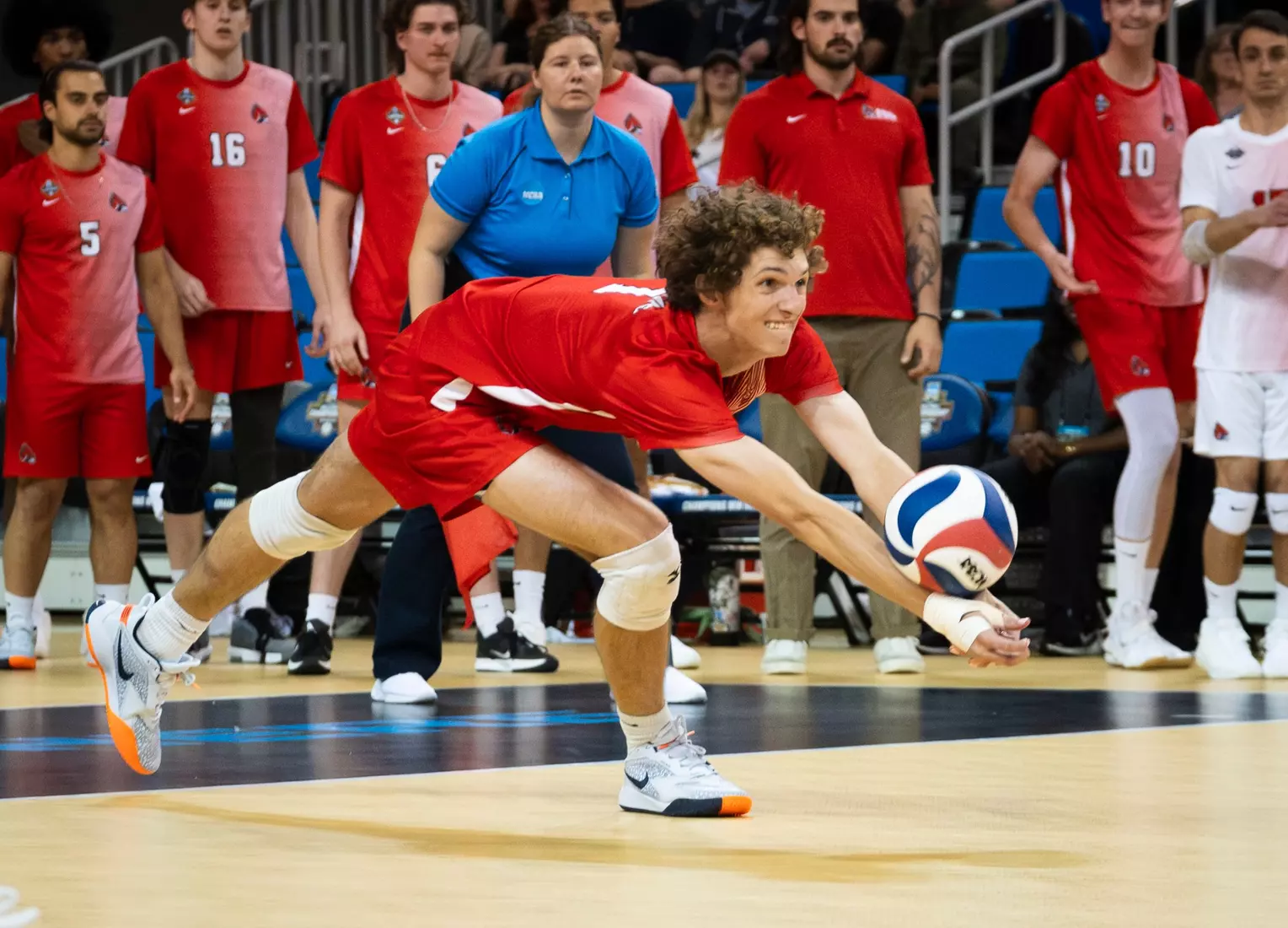 The Ball State men's volleyball team competes against the University of California Irvine in the NCAA Semi-Final at the Pauley Pavilion in Los Angeles, California on May 9, 2026 at Pauley Pavilion. Photo by Bobby Ellis/Ball State University.