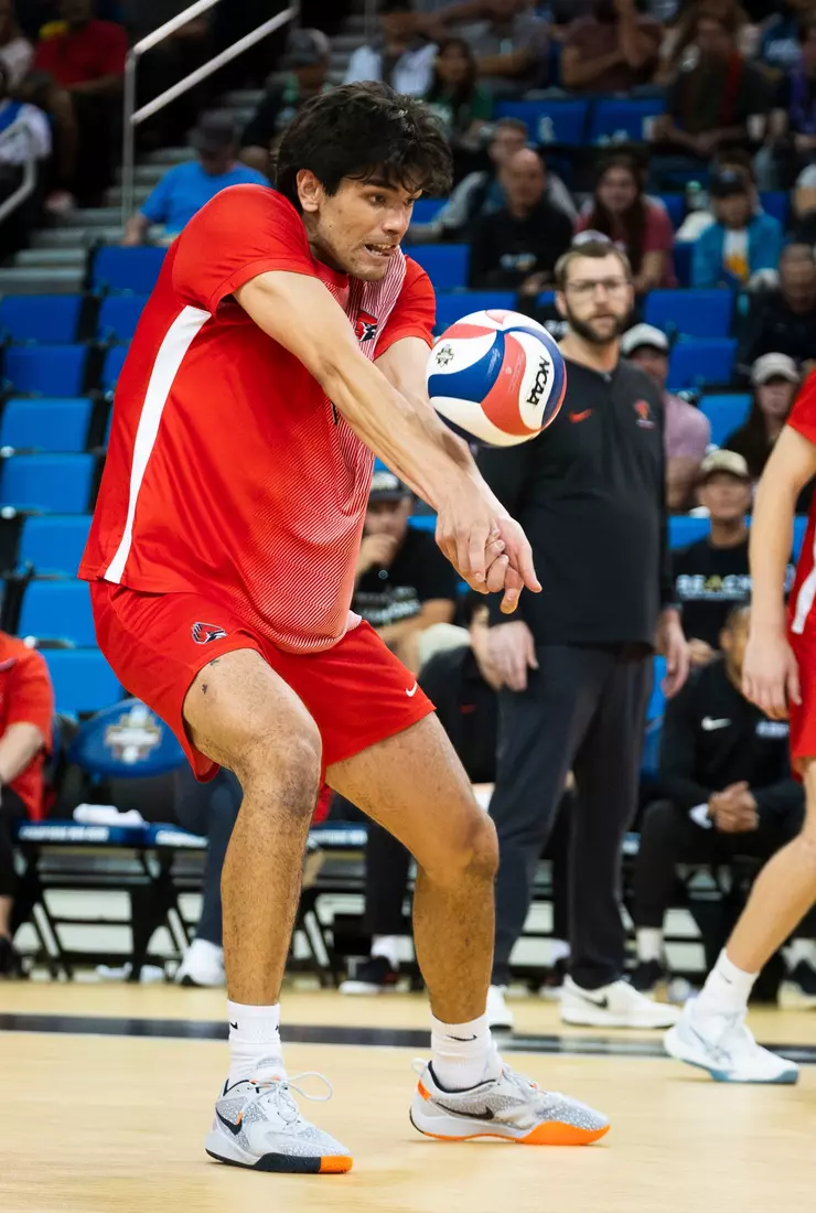 The Ball State men's volleyball team competes against the University of California Irvine in the NCAA Semi-Final at the Pauley Pavilion in Los Angeles, California on May 9, 2026 at Pauley Pavilion. Photo by Bobby Ellis/Ball State University.
