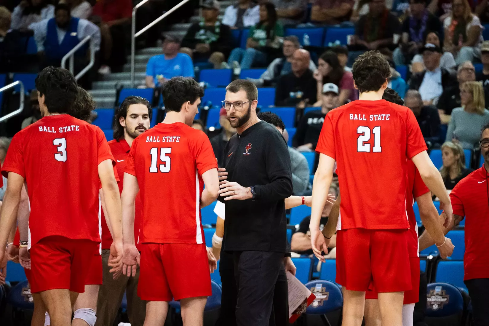The Ball State men's volleyball team competes against the University of California Irvine in the NCAA Semi-Final at the Pauley Pavilion in Los Angeles, California on May 9, 2026 at Pauley Pavilion. Photo by Bobby Ellis/Ball State University.