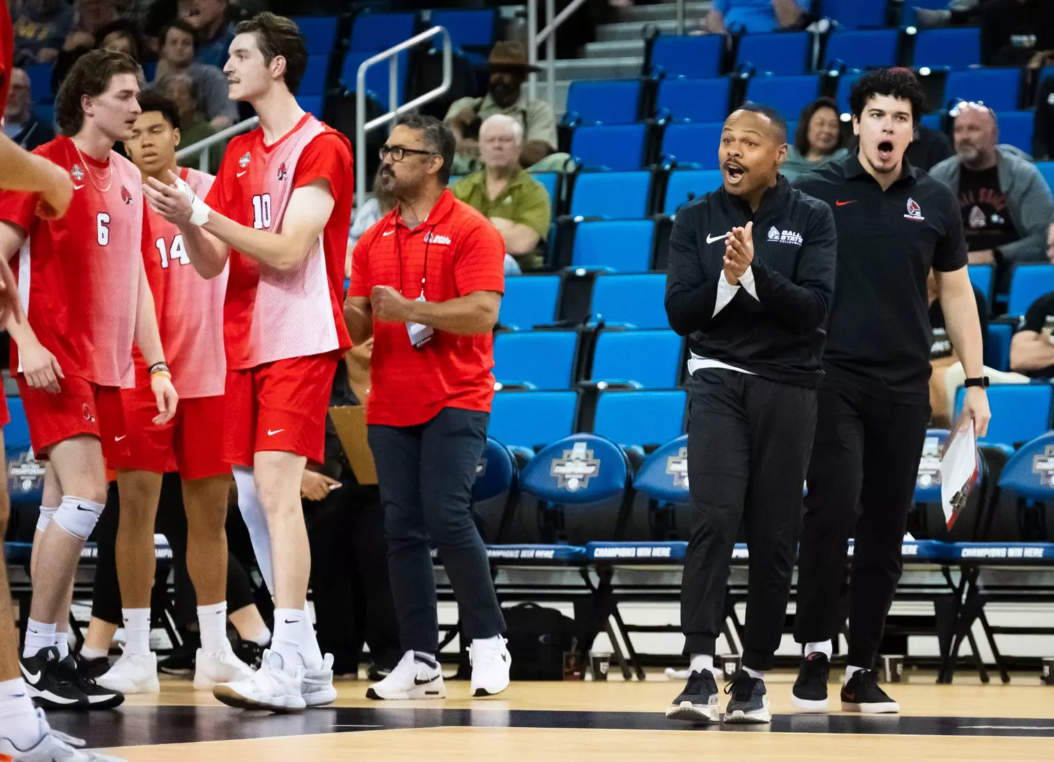 The Ball State men's volleyball team competes against the University of California Irvine in the NCAA Semi-Final at the Pauley Pavilion in Los Angeles, California on May 9, 2026 at Pauley Pavilion. Photo by Bobby Ellis/Ball State University.