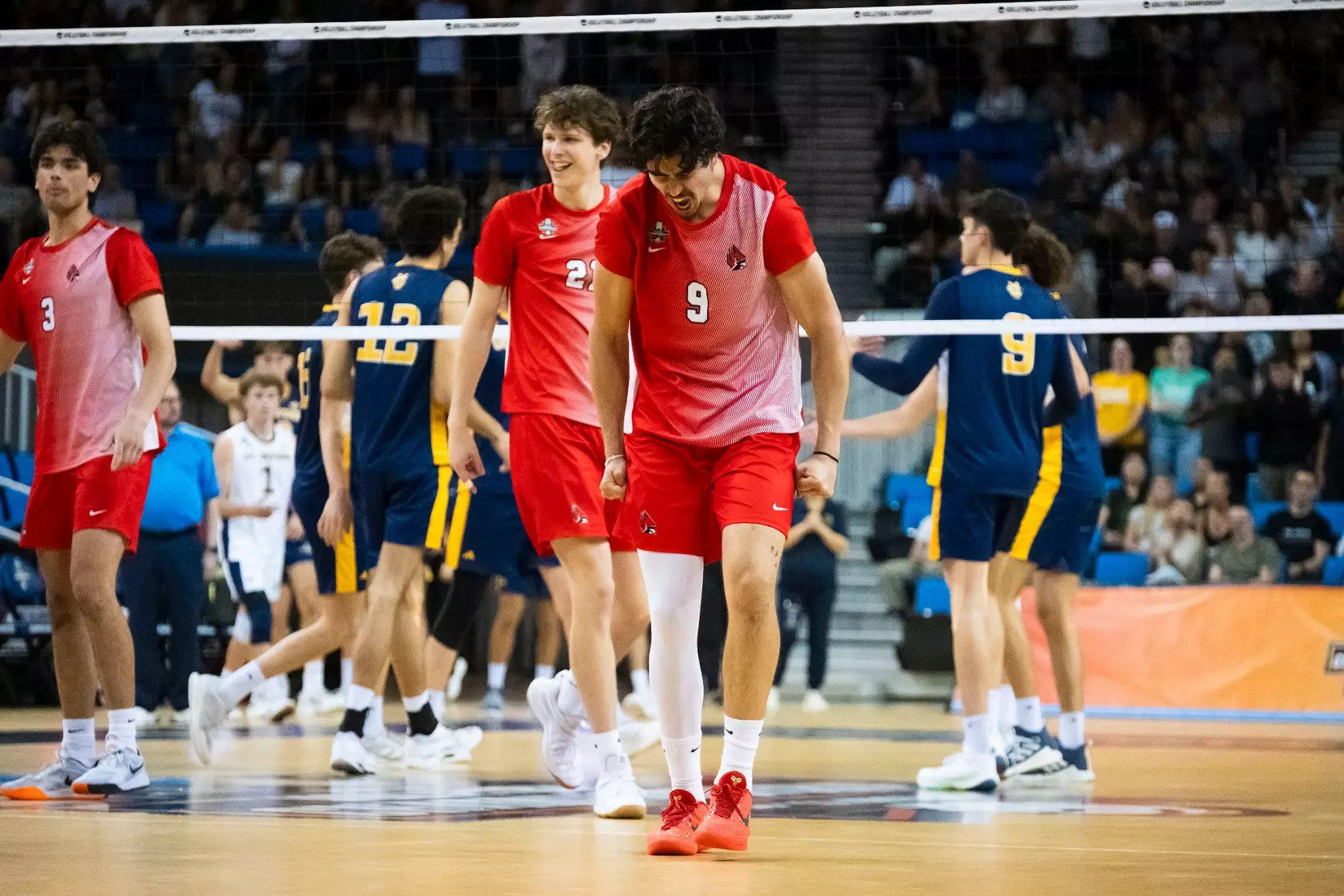 The Ball State men's volleyball team competes against the University of California Irvine in the NCAA Semi-Final at the Pauley Pavilion in Los Angeles, California on May 9, 2026 at Pauley Pavilion. Photo by Bobby Ellis/Ball State University.
