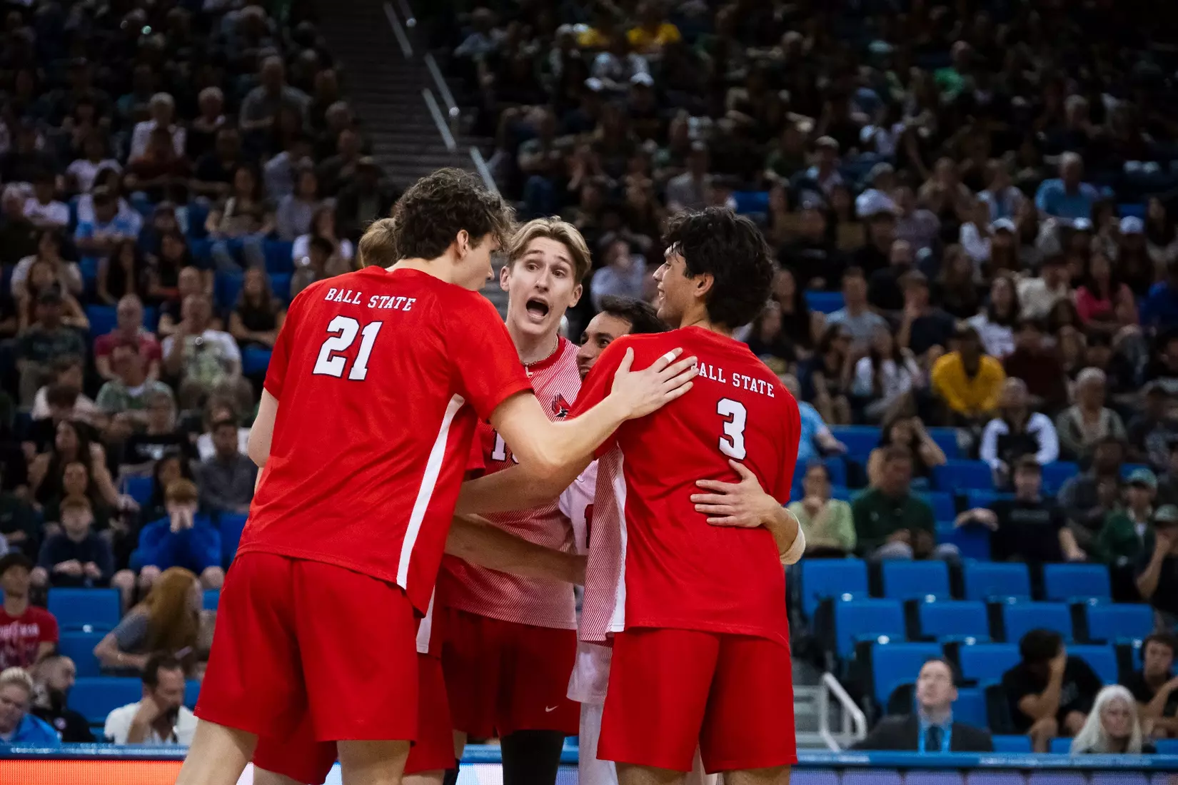 The Ball State men's volleyball team competes against the University of California Irvine in the NCAA Semi-Final at the Pauley Pavilion in Los Angeles, California on May 9, 2026 at Pauley Pavilion. Photo by Bobby Ellis/Ball State University.