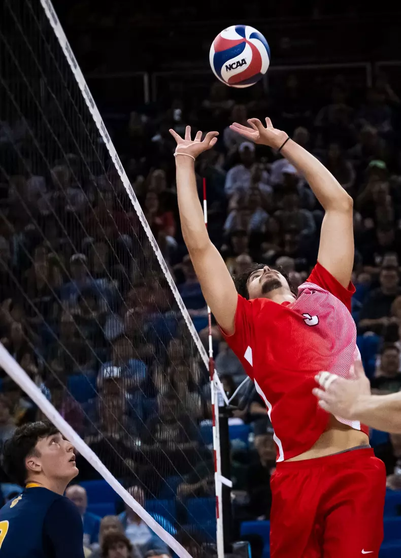 The Ball State men's volleyball team competes against the University of California Irvine in the NCAA Semi-Final at the Pauley Pavilion in Los Angeles, California on May 9, 2026 at Pauley Pavilion. Photo by Bobby Ellis/Ball State University.