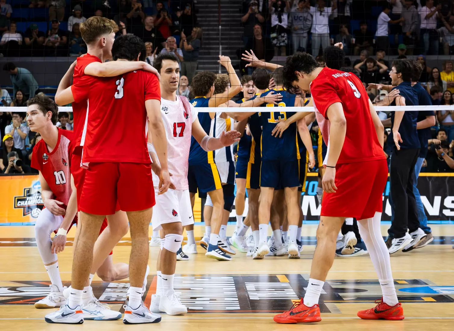 The Ball State men's volleyball team competes against the University of California Irvine in the NCAA Semi-Final at the Pauley Pavilion in Los Angeles, California on May 9, 2026 at Pauley Pavilion. Photo by Bobby Ellis/Ball State University.