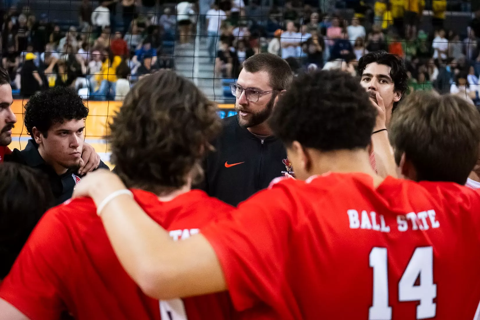 The Ball State men's volleyball team competes against the University of California Irvine in the NCAA Semi-Final at the Pauley Pavilion in Los Angeles, California on May 9, 2026 at Pauley Pavilion. Photo by Bobby Ellis/Ball State University.