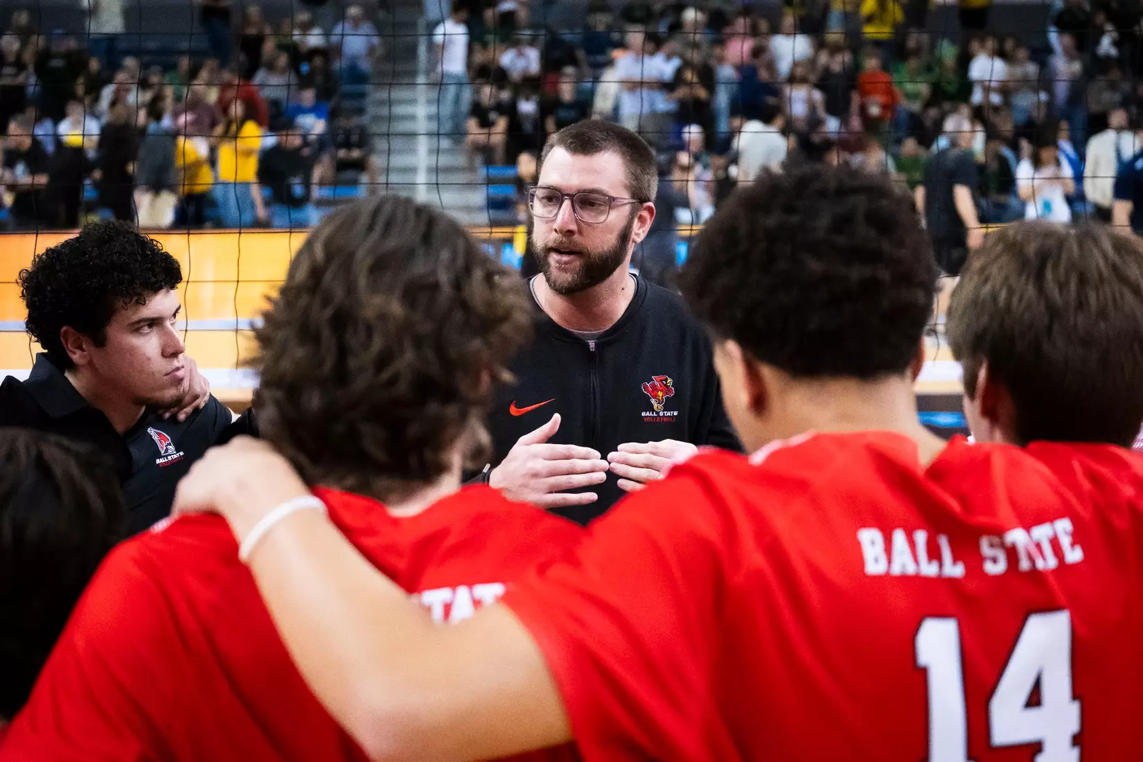 The Ball State men's volleyball team competes against the University of California Irvine in the NCAA Semi-Final at the Pauley Pavilion in Los Angeles, California on May 9, 2026 at Pauley Pavilion. Photo by Bobby Ellis/Ball State University.