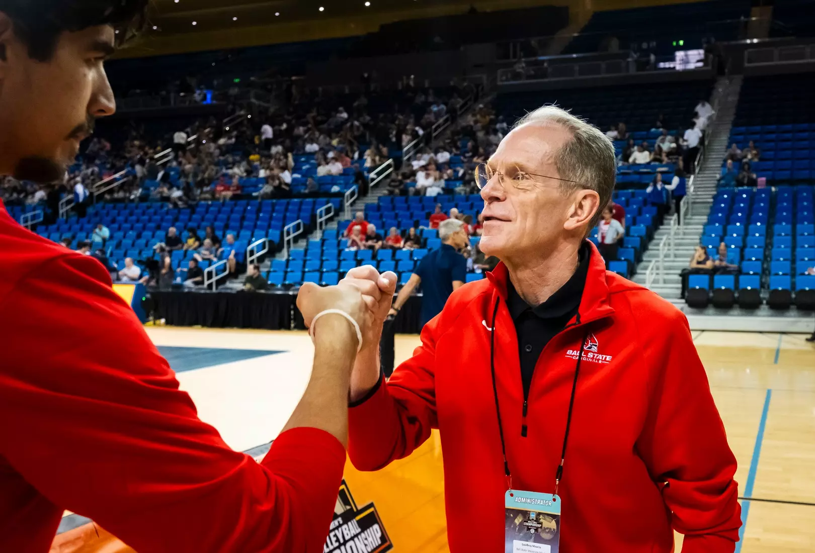 The Ball State men's volleyball team competes against the University of California Irvine in the NCAA Semi-Final at the Pauley Pavilion in Los Angeles, California on May 9, 2026 at Pauley Pavilion. Photo by Bobby Ellis/Ball State University.