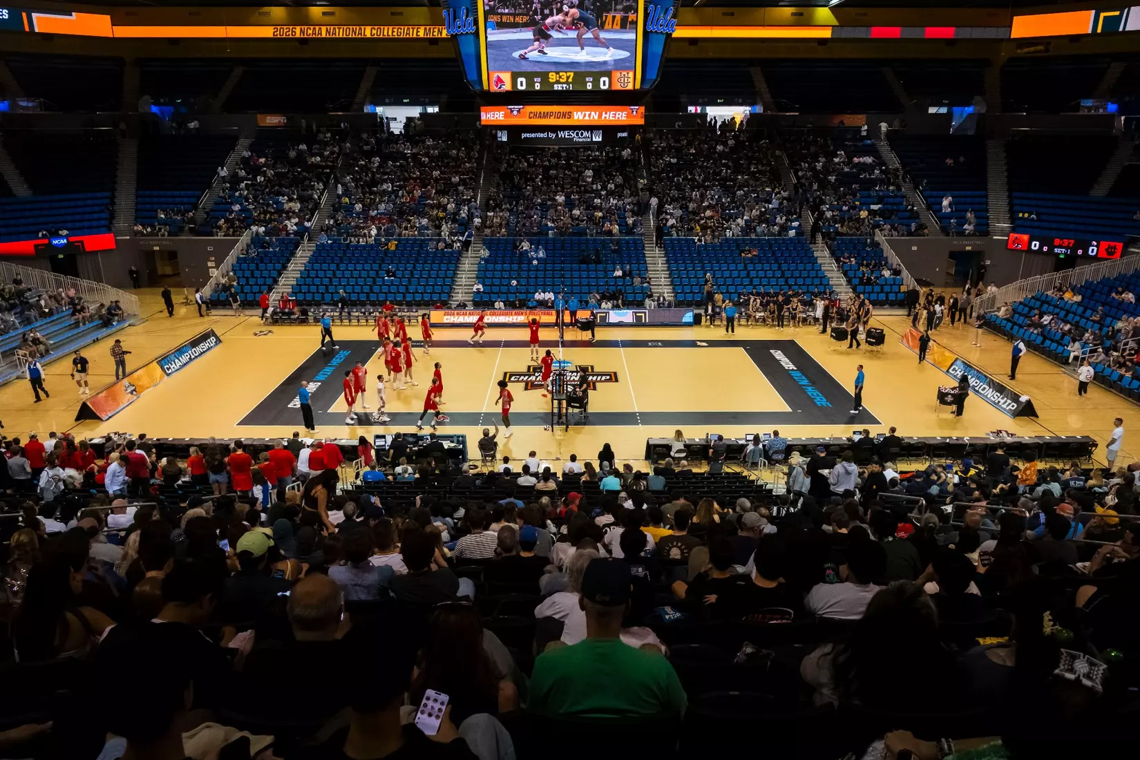 The Ball State men's volleyball team competes against the University of California Irvine in the NCAA Semi-Final at the Pauley Pavilion in Los Angeles, California on May 9, 2026 at Pauley Pavilion. Photo by Bobby Ellis/Ball State University.