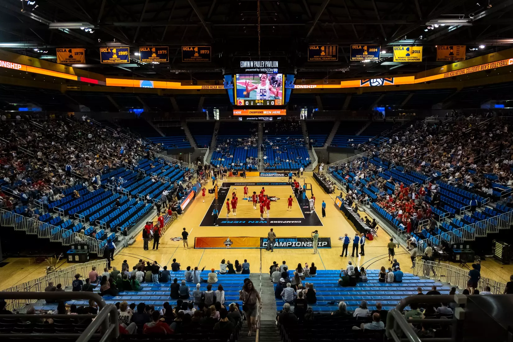 The Ball State men's volleyball team competes against the University of California Irvine in the NCAA Semi-Final at the Pauley Pavilion in Los Angeles, California on May 9, 2026 at Pauley Pavilion. Photo by Bobby Ellis/Ball State University.
