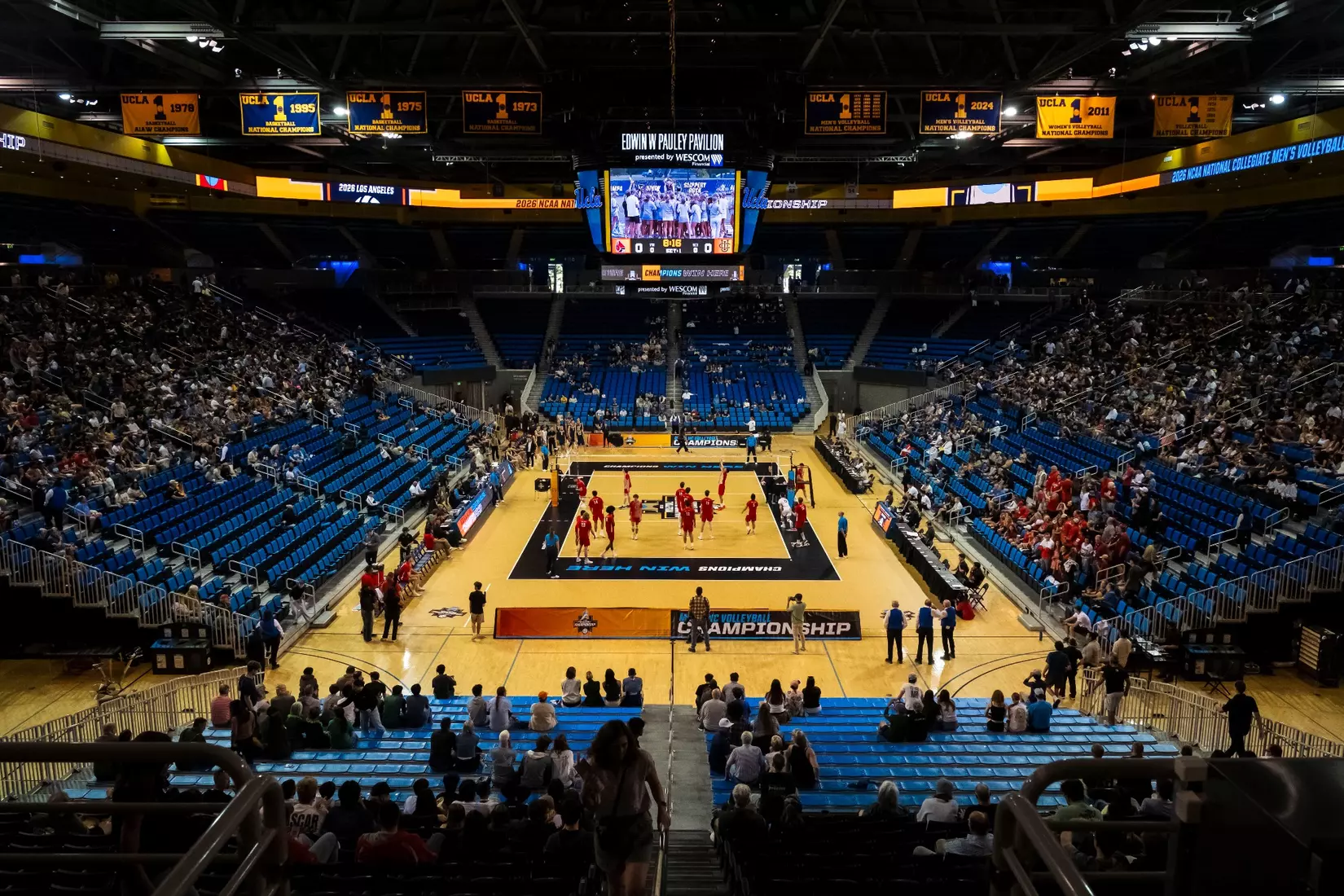 The Ball State men's volleyball team competes against the University of California Irvine in the NCAA Semi-Final at the Pauley Pavilion in Los Angeles, California on May 9, 2026 at Pauley Pavilion. Photo by Bobby Ellis/Ball State University.