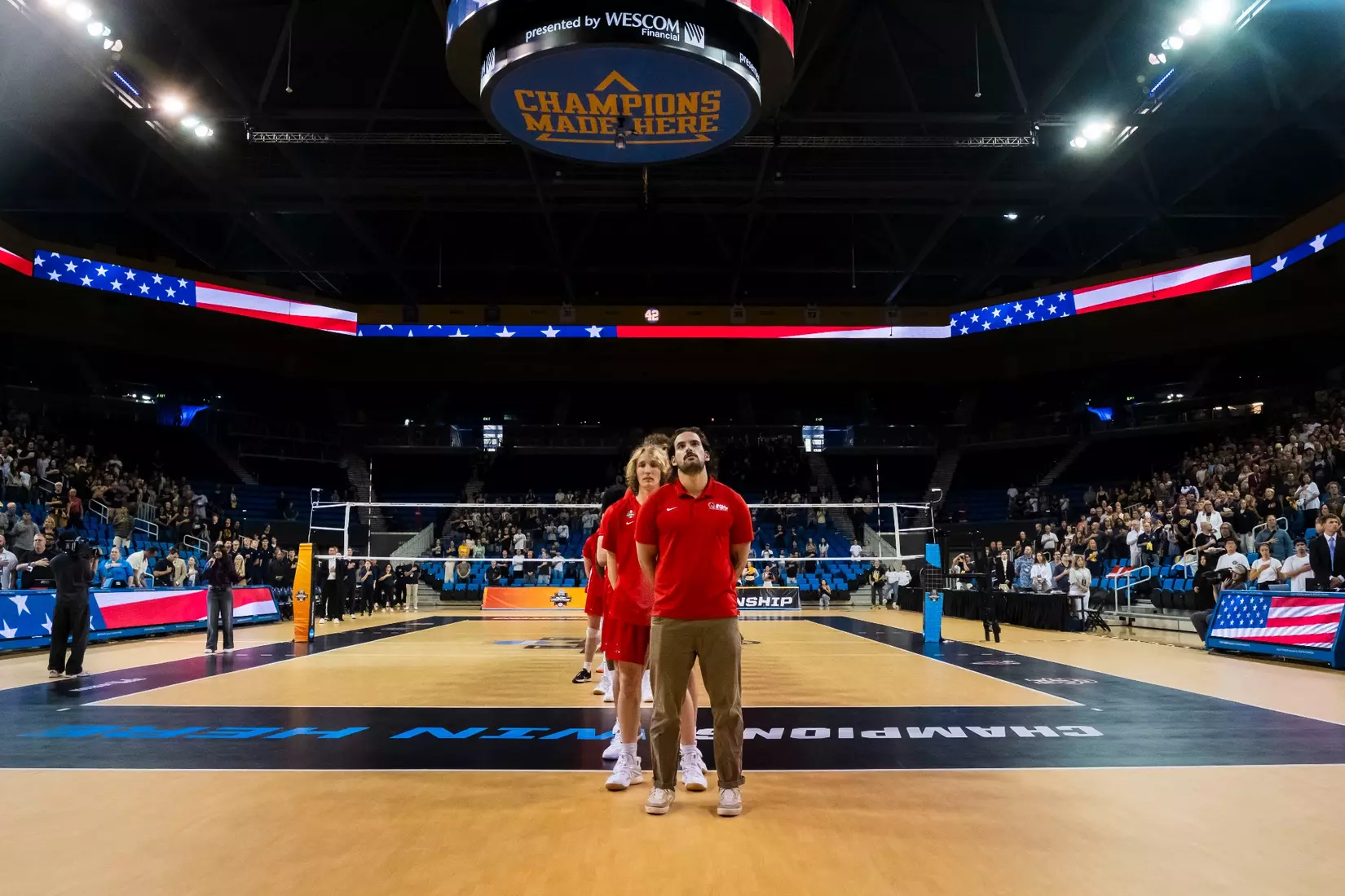 The Ball State men's volleyball team competes against the University of California Irvine in the NCAA Semi-Final at the Pauley Pavilion in Los Angeles, California on May 9, 2026 at Pauley Pavilion. Photo by Bobby Ellis/Ball State University.