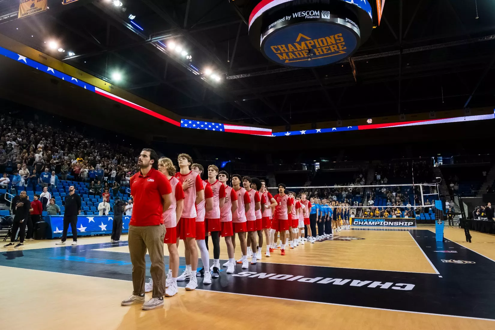 The Ball State men's volleyball team competes against the University of California Irvine in the NCAA Semi-Final at the Pauley Pavilion in Los Angeles, California on May 9, 2026 at Pauley Pavilion. Photo by Bobby Ellis/Ball State University.