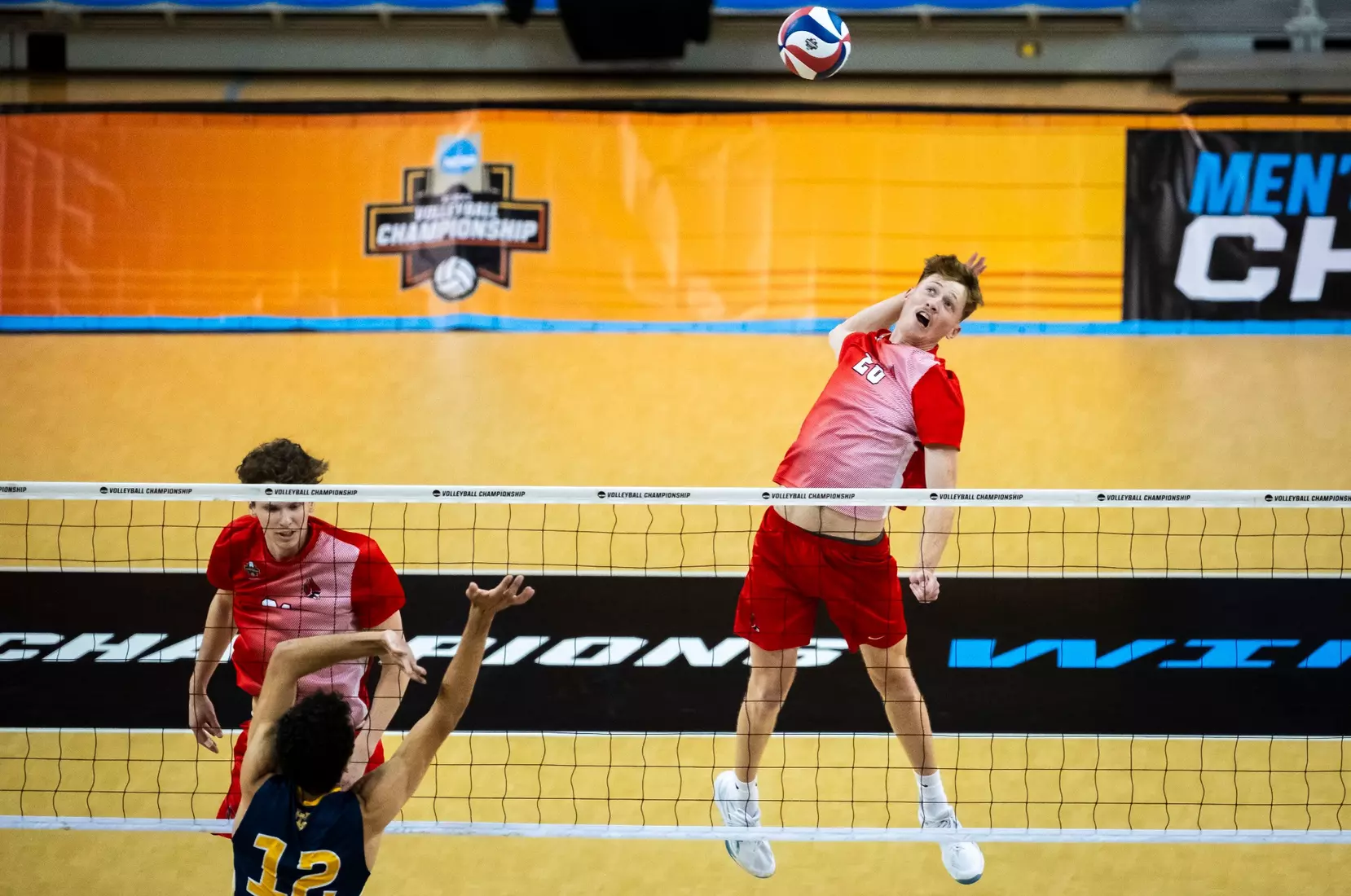 The Ball State men's volleyball team competes against the University of California Irvine in the NCAA Semi-Final at the Pauley Pavilion in Los Angeles, California on May 9, 2026 at Pauley Pavilion. Photo by Bobby Ellis/Ball State University.
