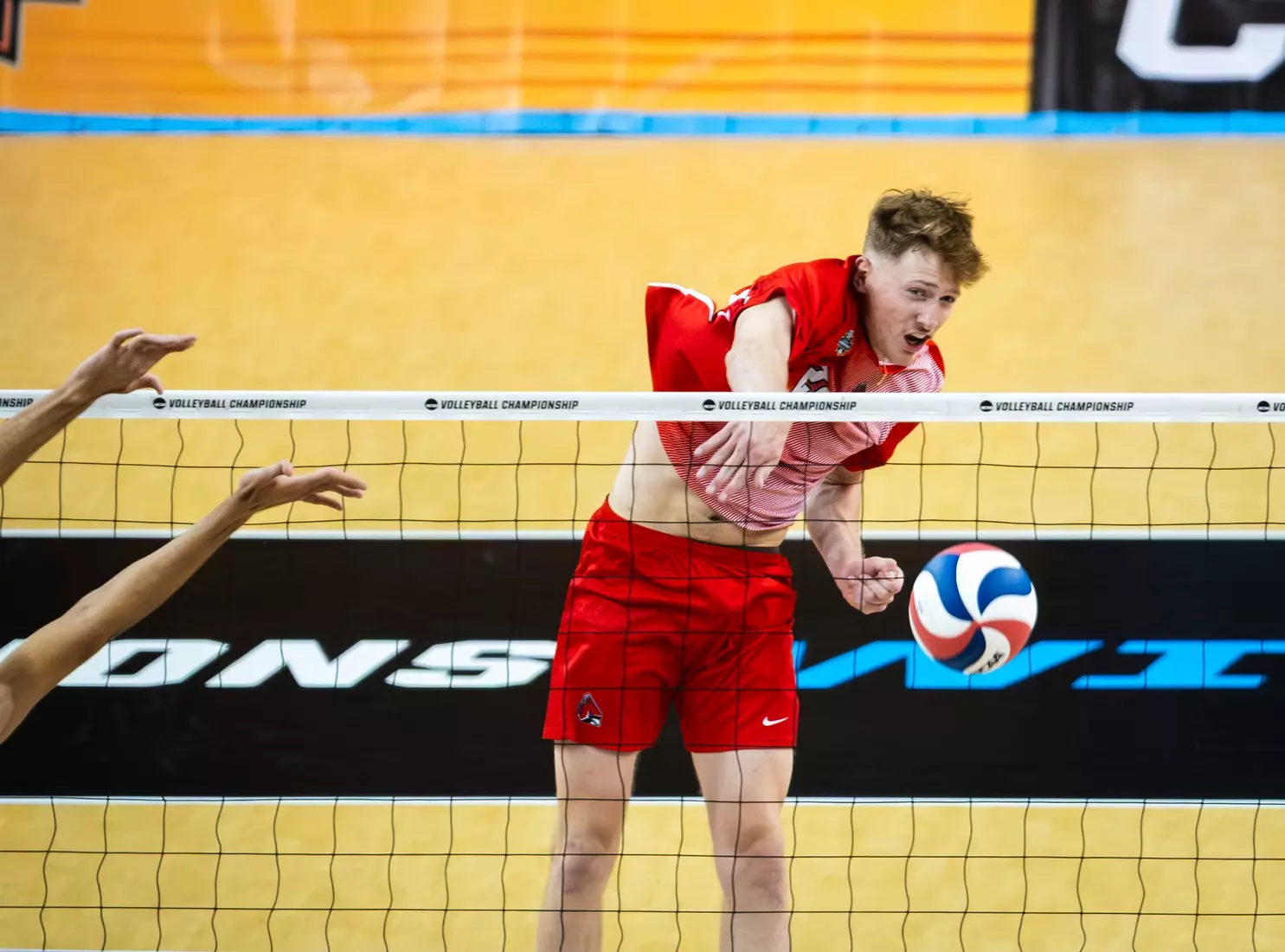 The Ball State men's volleyball team competes against the University of California Irvine in the NCAA Semi-Final at the Pauley Pavilion in Los Angeles, California on May 9, 2026 at Pauley Pavilion. Photo by Bobby Ellis/Ball State University.