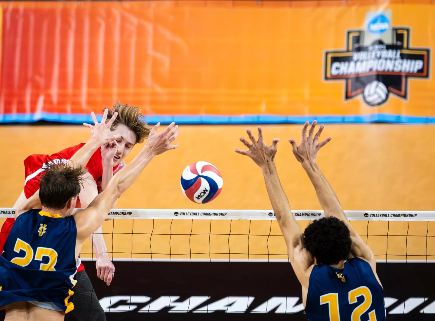 The Ball State men's volleyball team competes against the University of California Irvine in the NCAA Semi-Final at the Pauley Pavilion in Los Angeles, California on May 9, 2026 at Pauley Pavilion. Photo by Bobby Ellis/Ball State University.