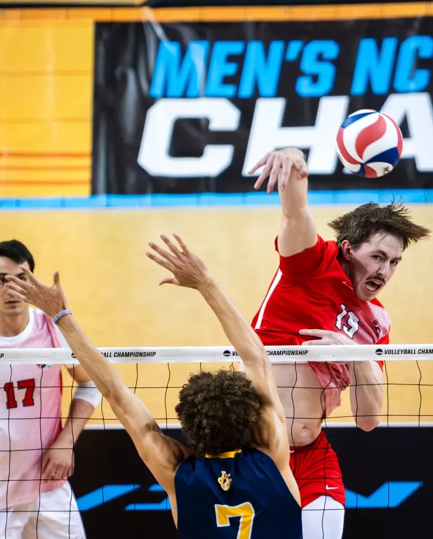 The Ball State men's volleyball team competes against the University of California Irvine in the NCAA Semi-Final at the Pauley Pavilion in Los Angeles, California on May 9, 2026 at Pauley Pavilion. Photo by Bobby Ellis/Ball State University.