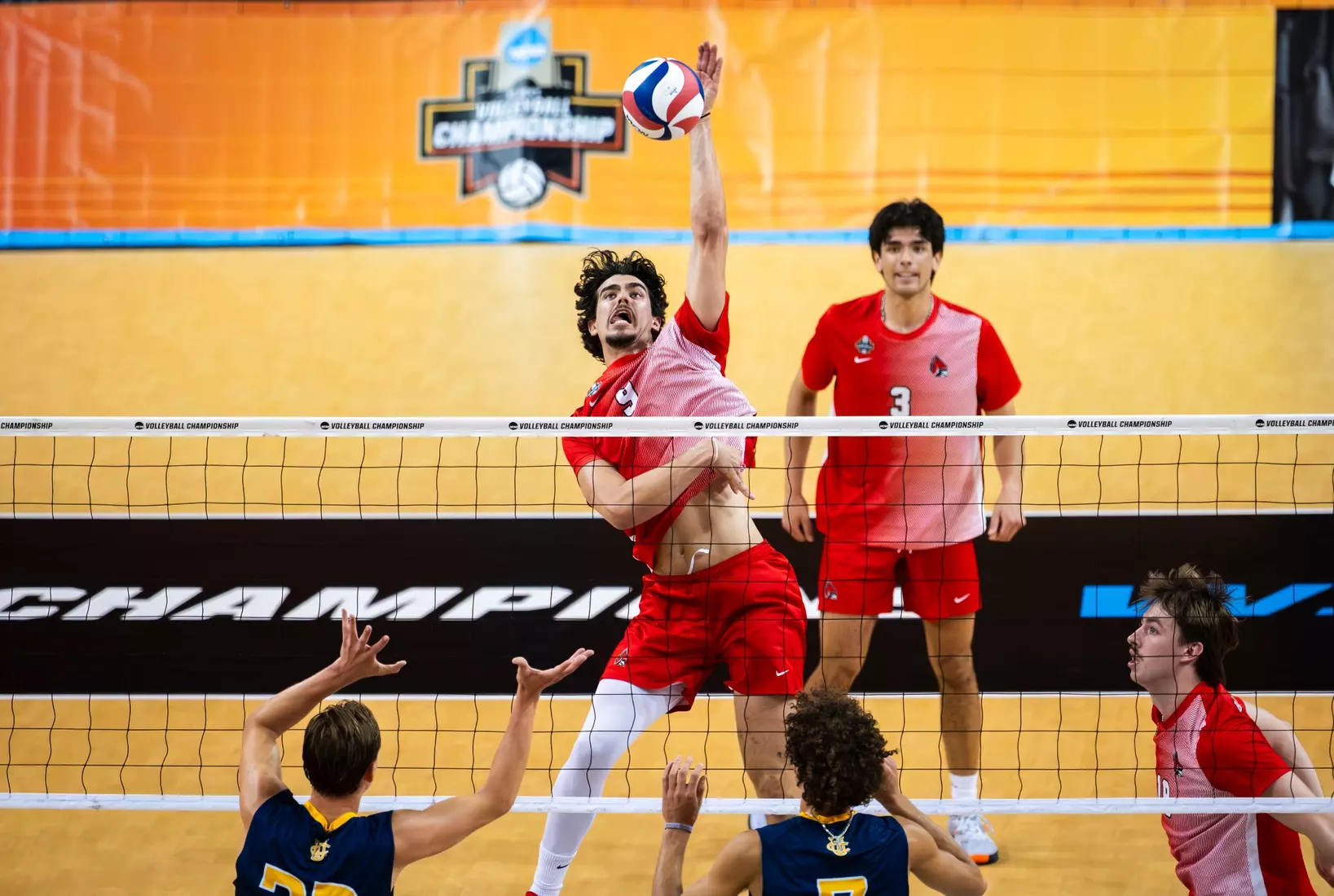 The Ball State men's volleyball team competes against the University of California Irvine in the NCAA Semi-Final at the Pauley Pavilion in Los Angeles, California on May 9, 2026 at Pauley Pavilion. Photo by Bobby Ellis/Ball State University.