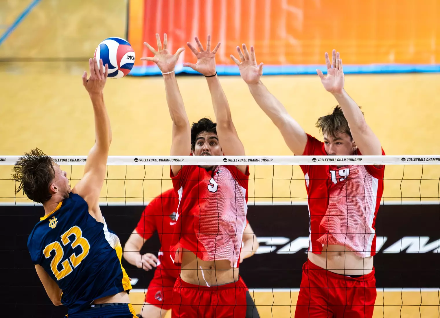 The Ball State men's volleyball team competes against the University of California Irvine in the NCAA Semi-Final at the Pauley Pavilion in Los Angeles, California on May 9, 2026 at Pauley Pavilion. Photo by Bobby Ellis/Ball State University.